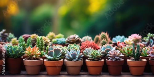 Many different colored succulents in clay pots, space for text. Generative AI © 22_monkeyzzz