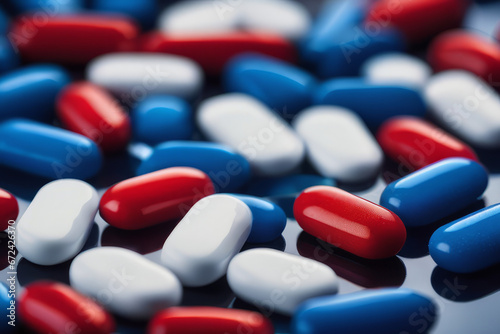 Red and blue pills and tabletes, close-up, health and pharmaceutical concept, generated by AI photo