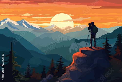 Photographer capturing a sunrise over mountains.