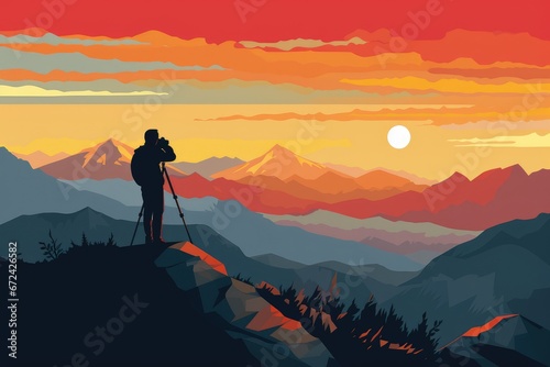 Photographer capturing a sunrise over mountains.