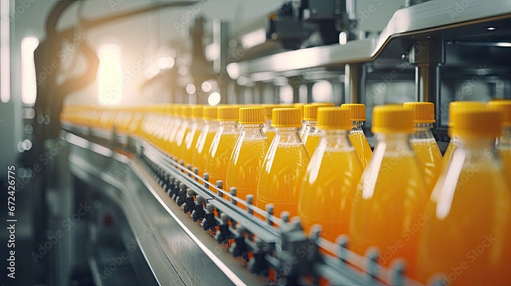 Automatic line for packing juices into glass or plastic containers.  Beverage production. Bottling plant. Bottles on a factory conveyor belt. Illustration for cover, banner, brochure or presentation. - obrazy, fototapety, plakaty 