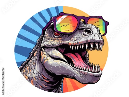 A toothy tyrannosaurus rex with glasses is painted. Close portrait of a stern T-Rex monster. Funny fashion prehistoric lizard. Digital art. Printable design for t-shirt, bag, postcard, case, etc. © Login