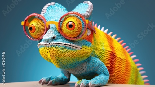 Portrait of a chameleon. Funny lizard with sunglasses. Digital art. Illustration for cover, card, flyer, poster or print on t-shirt, bag, etc.