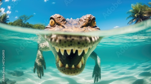 Close-up of an attacking toothy crocodile looking at the camera. Animal in natural environment. Natural background. Portrait of a severe alligator. Illustration for cover  interior design  brochure.