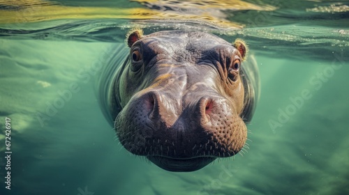 The muzzle of a hippopotamus under the water of the lake. Close up of hippo peering out the water. The animal in its natural environment. Natural background. Fisheye illustration for varied design.