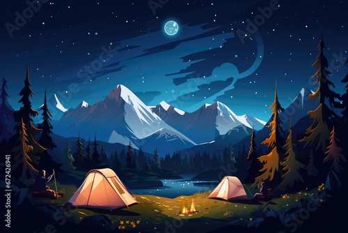 Illustration of campsite of trekkers under a starry sky. Nighttime mountainous backdrop with tents. © VisualWeave