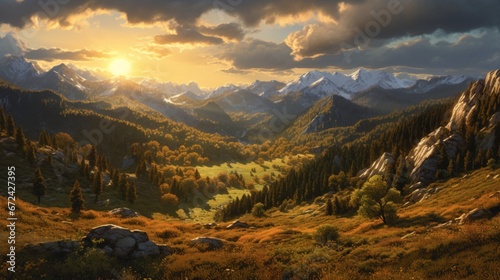 Beautiful mountains sky trees sunset sunrise wallpaper image AI generated art