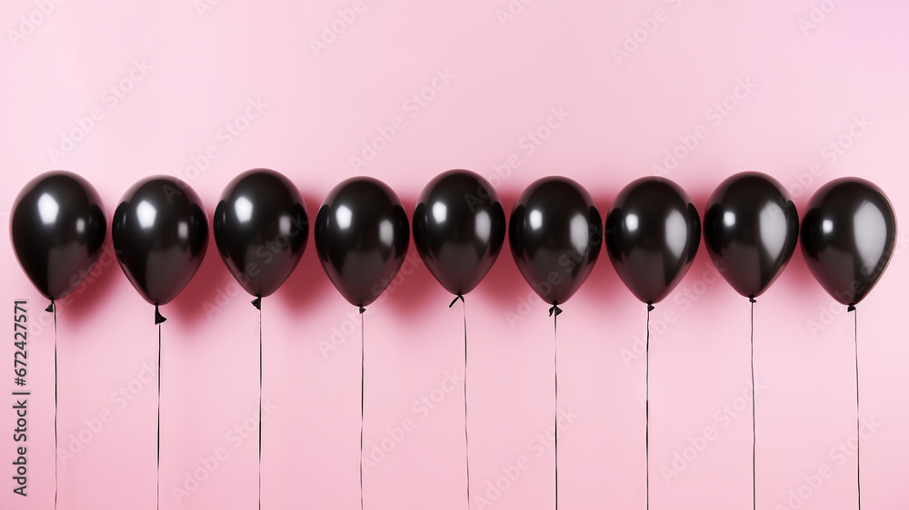Black color balloons isolated on pink background, black friday sale concept, ai generated Black color balloons isolated on pink background, black friday sale concept, ai generated