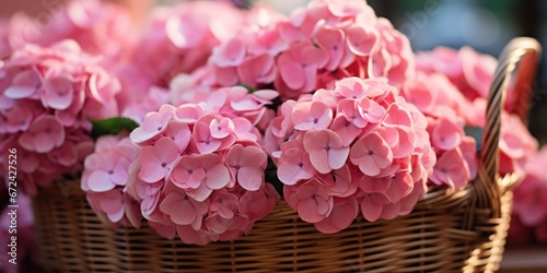 Romantic close-up photo of pink hydrangeas in a wicker basket. Generative AI