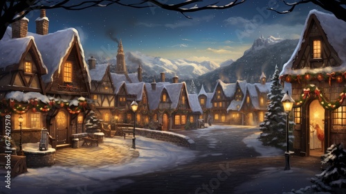  a painting of a snowy village with a lit up christmas tree and a lit up clock on the front of the building. generative ai