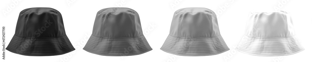 Set of black, grey gray, white bucket fisherman fishing hat on transparent background cutout, PNG file. Many assorted different colours. Mockup template for artwork graphic design - obrazy, fototapety, plakaty 