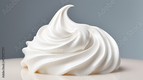  a close up of a whipped cream in a white bowl on a white table with a blue wall in the background. generative ai