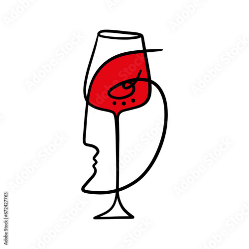Alcohol wine lover one line minimalistic brush grunge abstract face with glass. Vector illustration. Modern contemporary art, trendy continuous drawing. Cubism artistic linear portrait. Simple minimal