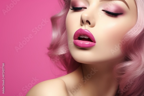 Elegant woman with rose hair and pink lipstick, glamorously made-up.