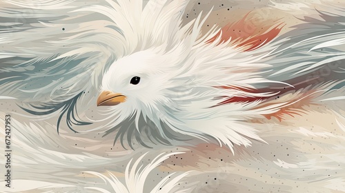  a close up of a white bird with feathers on it's back and a red and white bird on it's back.  generative ai © Anna