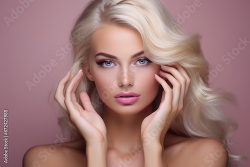 Perfect-skinned woman caressing skin on pink glamourous background.