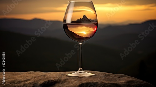  a glass of wine sitting on top of a rock with the sun setting in the distance behind the mountain range. generative ai