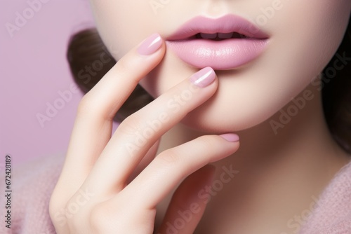 Close-up of woman's lips with pink makeup and clean, soft skin.