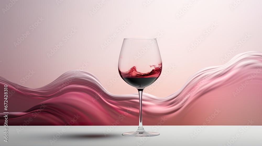  a glass of red wine sitting on top of a table next to a wave of pink and white paint on the wall.  generative ai - obrazy, fototapety, plakaty 