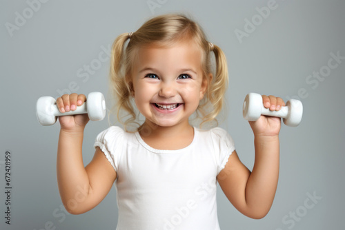 laughing little girl in a white T-shirt with dumbbells on a simple gray background photo