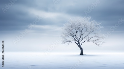  a lone tree stands alone in the middle of a snow - covered field with a dark sky in the background. generative ai