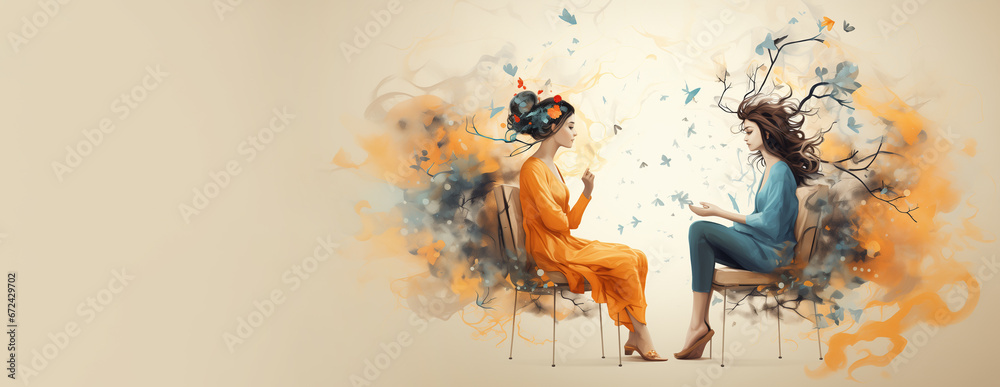 abstract illustration of a session with a psychologist - therapist. mental health concept. copy space - obrazy, fototapety, plakaty 