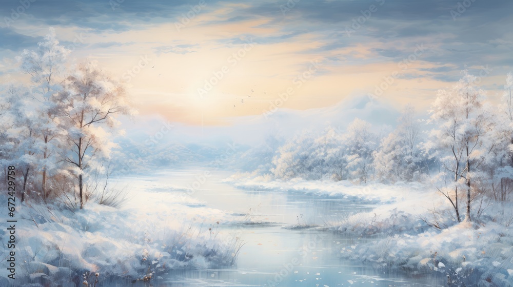  a painting of a snowy landscape with a river and trees in the foreground and a sunset in the background.  generative ai