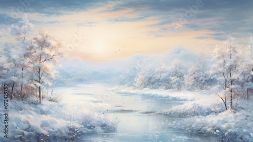  a painting of a snowy landscape with a river and trees in the foreground and a sunset in the background.  generative ai © Anna