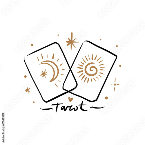 Tarot logo or label, magic cards reader, hand-drawn sketch brush simple minimal print for magical esoteric souvenirs. Witchy female hand drawn magic love fortune spell occultism concept.