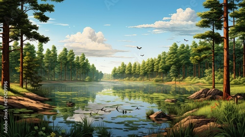  a painting of a lake in the middle of a forest with lots of trees and birds flying in the sky. generative ai