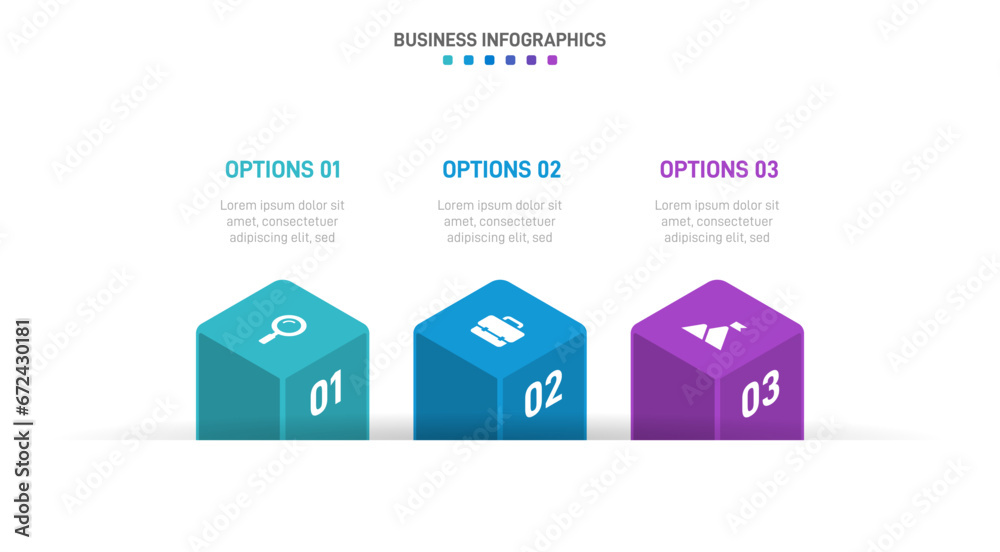 Timeline infographic with infochart. Modern presentation template with 3 spets for business process. Website template on white background for concept modern design. Horizontal layout.