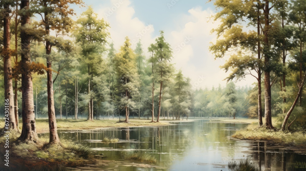  a painting of a forest with a lake in the foreground and trees on the other side of the lake.  generative ai