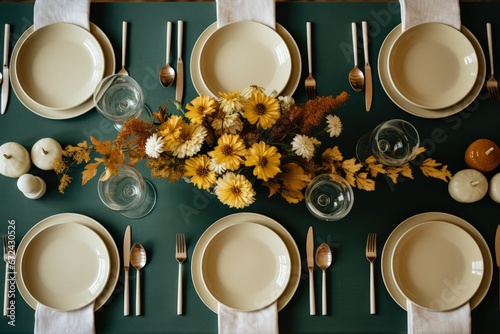 Minimalist and Sustainable Thanksgiving Table Settings focused on hues of cool jade green warm honey yellow dusty clay brown and crisp off-white 