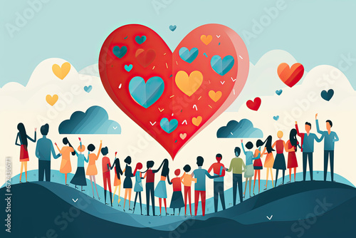 Charity illustration concept with abstract, diverse persons, hands and hearts. Community compassion, love, and support towards those in need.