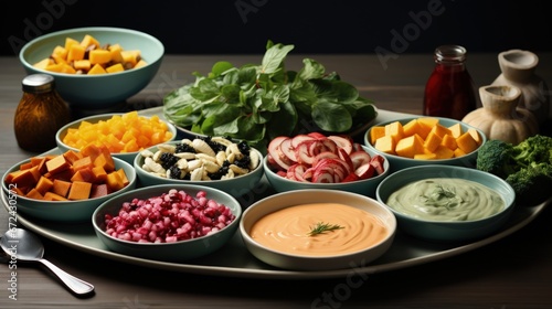 Gourmet Vegan Thanksgiving Dishes in hues of rich forest green pastel pink light taupe and vibrant pumpkin orange 