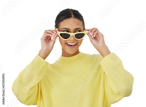 Happy, sunglasses and young woman with fashion or casual, stylish and cool outfit isolated on a png transparent background. Smile, person and eyewear with trendy style, accessories or confidence