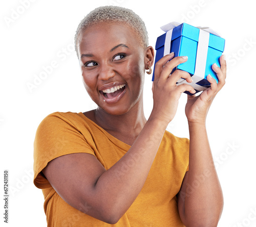 Gift, box and excited black woman curious, wonder and shake product on transparent, png background. Happy, smile and African person with birthday present, Christmas holiday package or giveaway prize © Krunal/peopleimages.com