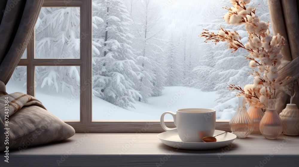 a cup of coffee on a saucer next to a window with a view of a snow covered forest outside. generative ai a cup of coffee on a saucer next to a window with a view of a snow covered forest outside. generative ai