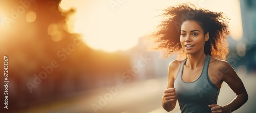 Curly-haired woman running on street in early morning. photo