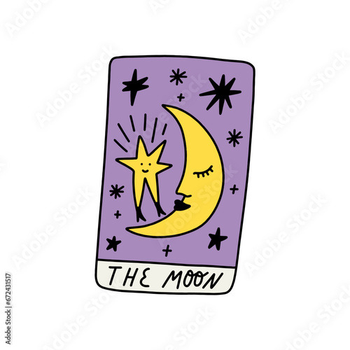 The Moon cartoon doodle Tarot logo or label, magic cards reader, hand-drawn sketch brush simple minimal print for magical esoteric souvenirs. Witchy female hand drawn magic love fortune spell