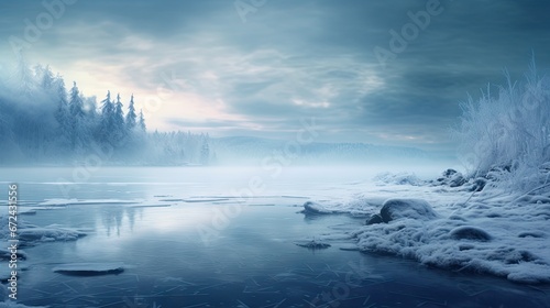  a body of water surrounded by snow covered trees and ice covered ground with a sky filled with clouds and trees in the background. generative ai