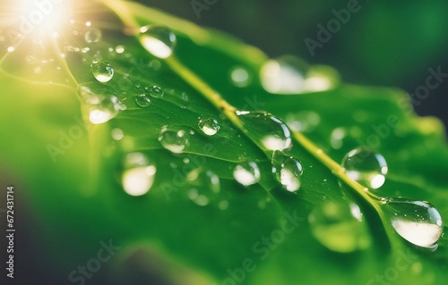 Beauty transparent drop of water on a green leaf macro with sun glare. Beautiful artistic image