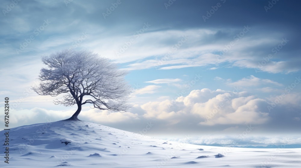  a lone tree sitting on top of a snow covered hill in the middle of a blue sky with white clouds.  generative ai - obrazy, fototapety, plakaty 