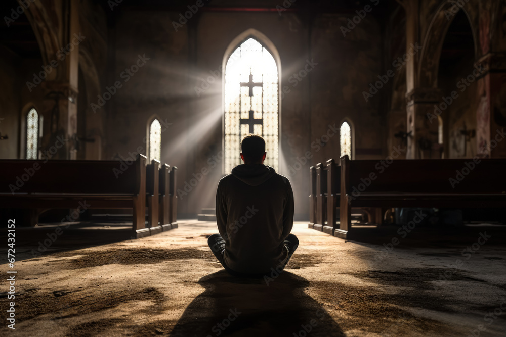 Single adult grappling with deep depression in a quiet holy sanctuary Single adult grappling with deep depression in a quiet holy sanctuary