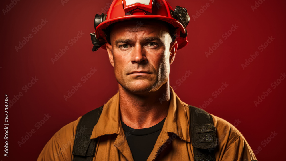 Troubled firefighter at fire station isolated on a gradient red background 