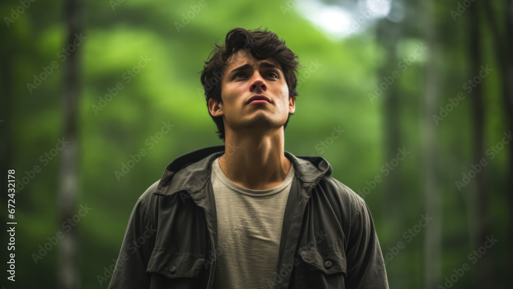 Young adult expressing distress alone in serene forest environment Young adult expressing distress alone in serene forest environment