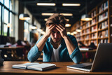 University student alone in library showing signs of stress background with empty space for text 