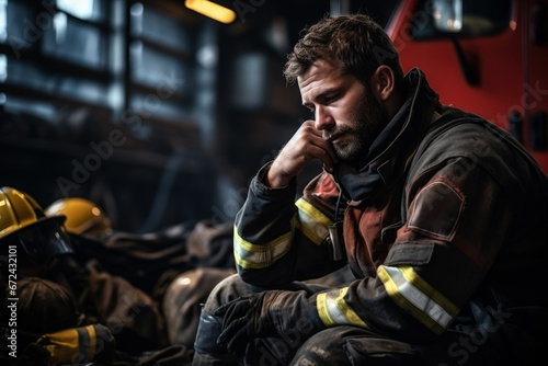 Exhausted firefighter in empty fire station background with space for text  photo