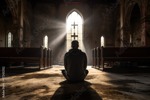 Single adult grappling with deep depression in a quiet holy sanctuary 