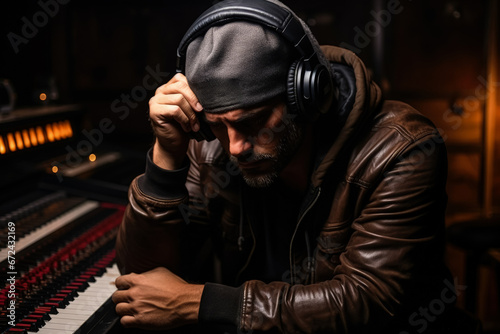 Troubled musician brooding in recording studio background with empty space for text 